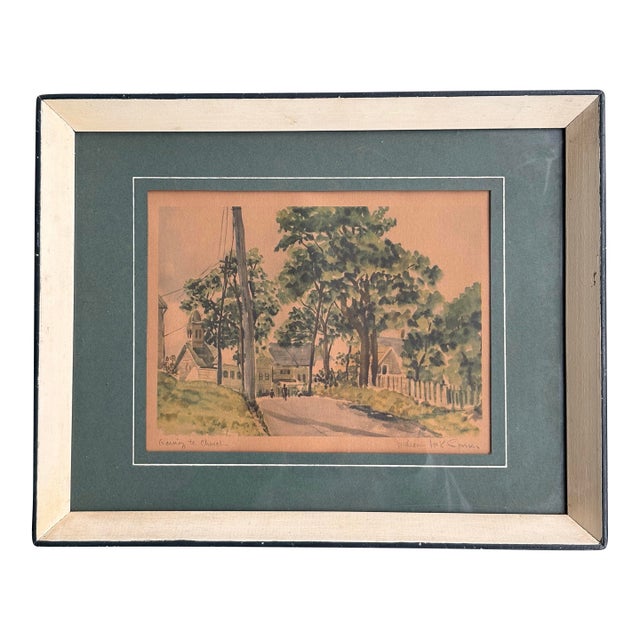 “Going to Church” – Antique Signed Framed American Watercolor, C. 1917 For Sale