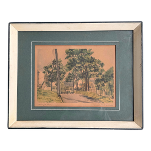 “Going to Church” – Antique Signed Framed American Watercolor, C. 1917