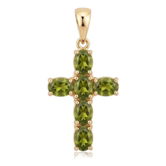 Natural Peridot Cross Pendant | 18k Gold Plated Gemstone Cross Charm | August Birthstone Religious Jewelry For Sale