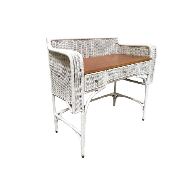 Shabby Chic 1940s Shabby Chic White Wicker Mahogany Top Writing Secretary Desk W/ Chair For Sale - Image 3 of 14