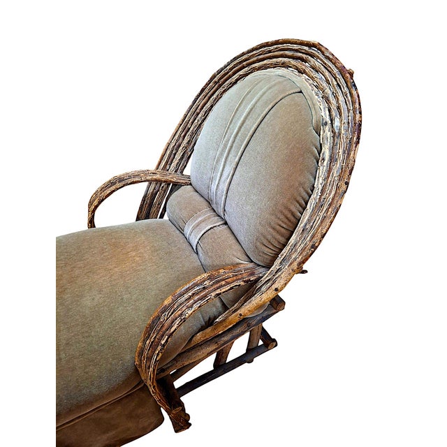 Vintage Adirondack Bent Willow, Velvet Mohair-Upholstered Chaise Lounge For Sale In San Francisco - Image 6 of 10