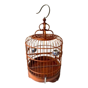 Vintage Late 20th Century Asian Chinese Design Round Carved Bamboo Wooden Bird Cage, Hang or Tabletop