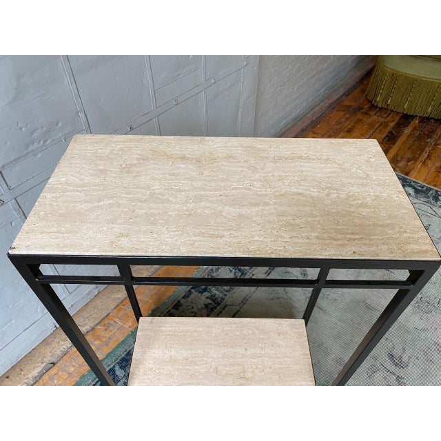 Custom Bronze Iron Console Table With Travertine Shelves For Sale - Image 10 of 12