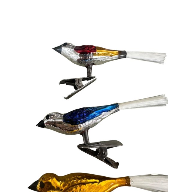 Set of vintage mercury glass bird ornaments — beautifully hand-painted with delicate details and clip-on tails of real...
