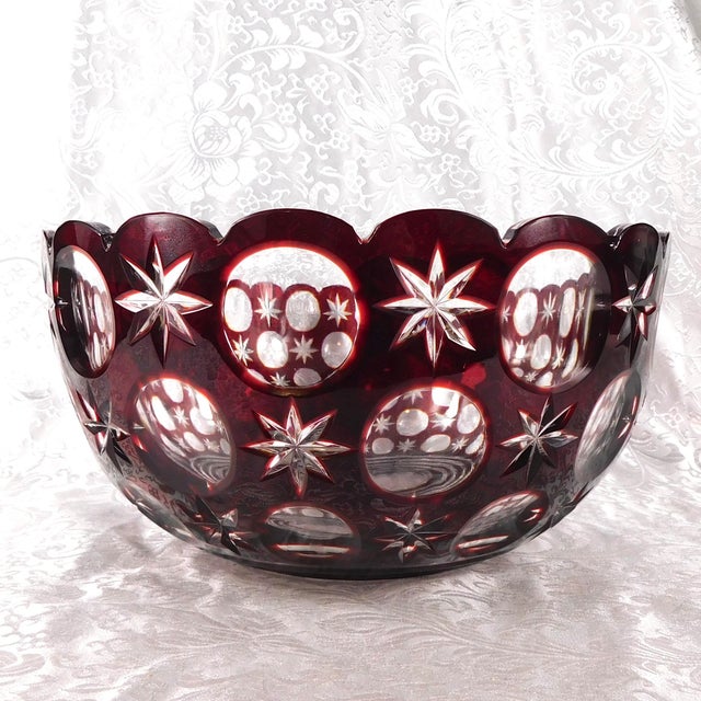 Traditional 1950s Traditional Large Red Cut to Clear Bowl With Circles and Stars # 27277 For Sale - Image 3 of 6