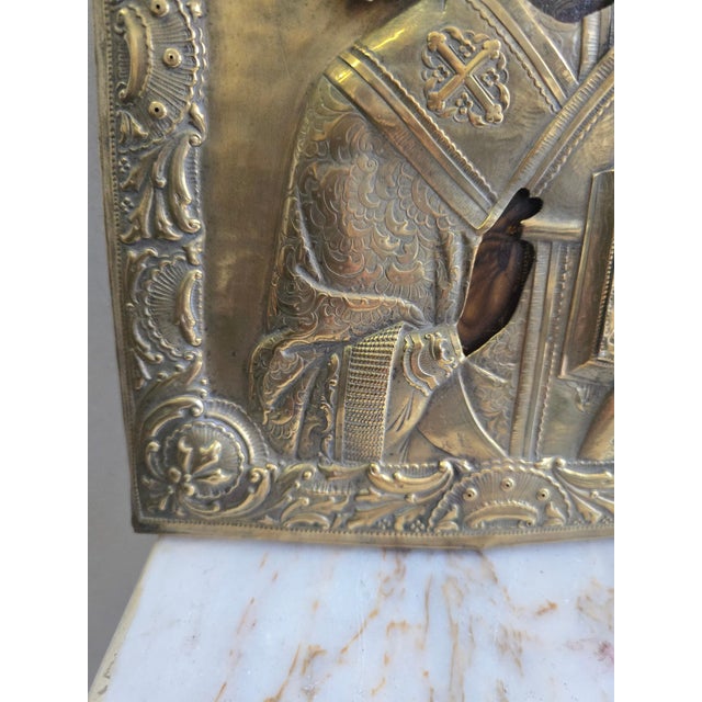 Gold Russian Artist, Icon of Saint Nicholas with Silver-Plated Metal Oklad, 1880, Metal and Silver For Sale - Image 8 of 12