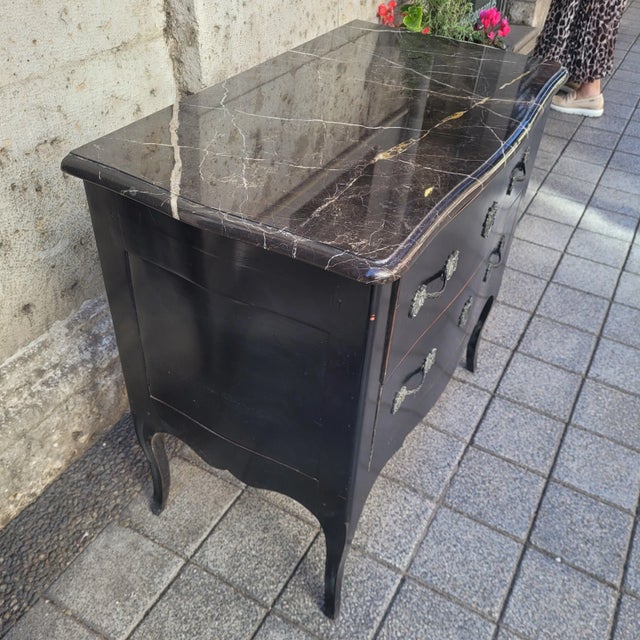 Vintage Louis XV-Style Chest of Drawers in Ebonized Wood and Marble, 1990s For Sale - Image 12 of 18