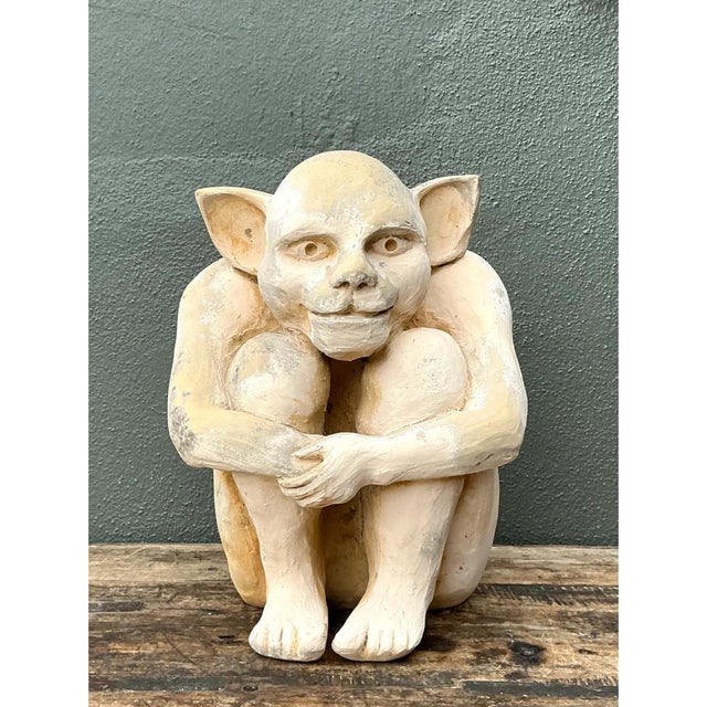 This vintage plaster crouching gargoyle figure captures a whimsically menacing character straight out of Gothic...