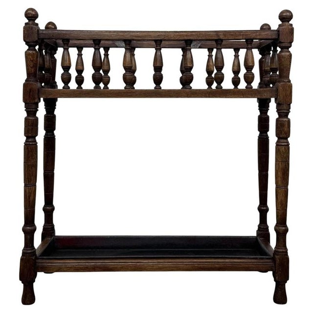 Antique English Edwardian Umbrella and Stick Stand in Oak, 1900s For Sale - Image 10 of 10