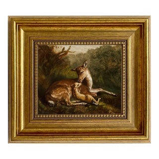 Doe and Fawn Framed 5x6" Oil Painting Print on Canvas For Sale