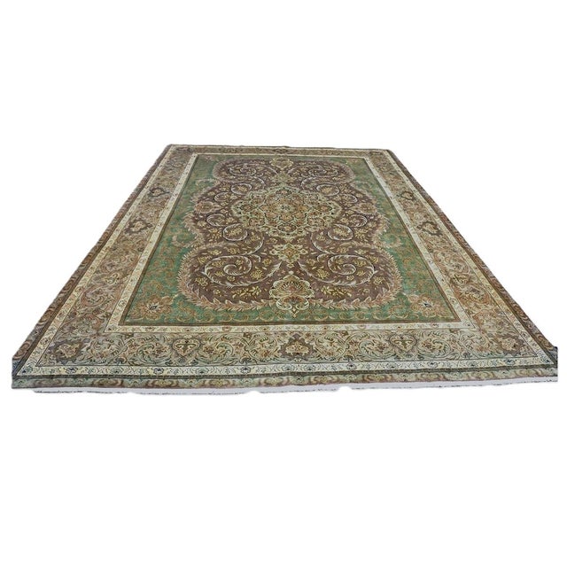 Condition: Antique Circa: 1930s Origin: Persia Design: Tabriz Actual size: 9'8" X 12'1" Thickness: 3/8" Color: Green,...