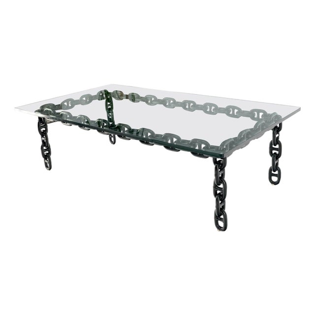 Mid 20th Century Large Oversize Fused Marine Chain Base Rectangle Coffee Table Thick Glass Top For Sale