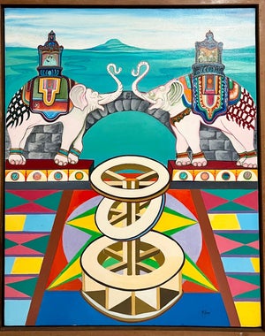 Christine McGinnis, 2002 Vibrant Elephants Oil on Canvas Painting Christine McGinnis Surrealism Art, 2002