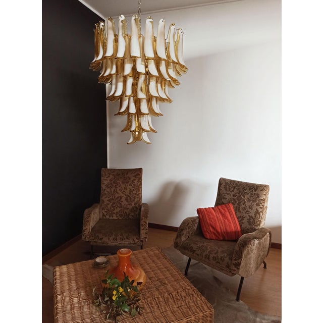 Huge Italian vintage Murano chandelier made by 75 glass petals (caramel and white "lattimo") in a chrome frame....