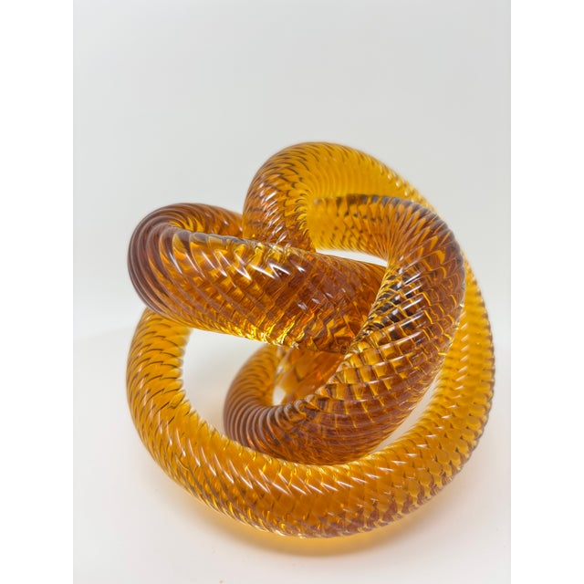 Signed Amber & Cognac Art Glass Infinity Knot Sculpture, Serpentine Texture For Sale - Image 12 of 17