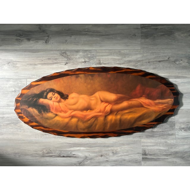 Artist: Larry Vincent Garrison (1923 - 2007) Image: Beautiful long-haired brunette nude woman lying on her side, draped in...