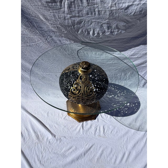 Vintage Hollywood Regency Gilt Metal Orb Pedestal Coffee Table With Glass Top – 24” For Sale In Phoenix - Image 6 of 14