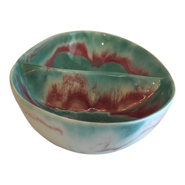 Vintage Signed Dryden Ceramic Drip Glaze Divided Dish For Sale