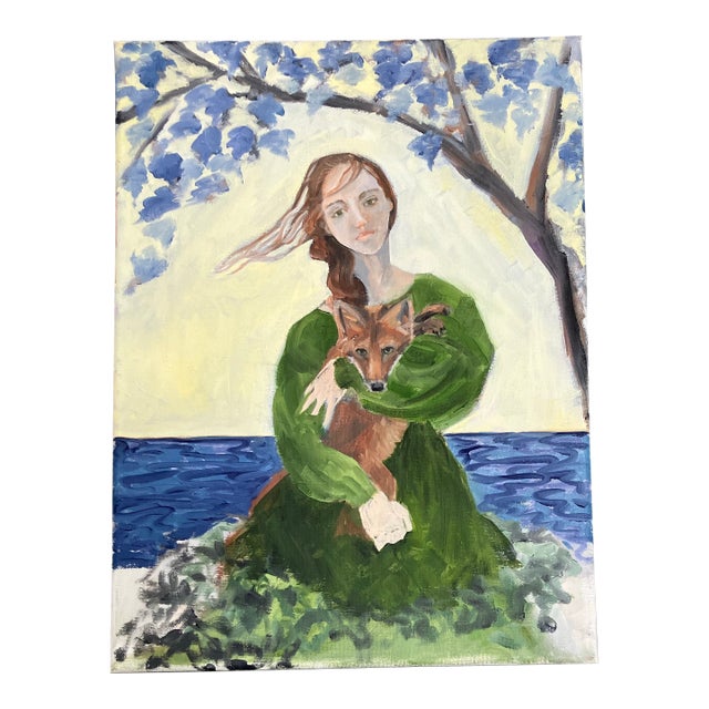 Contemporary Original Young Girl With Fox Expressionist Painting For Sale