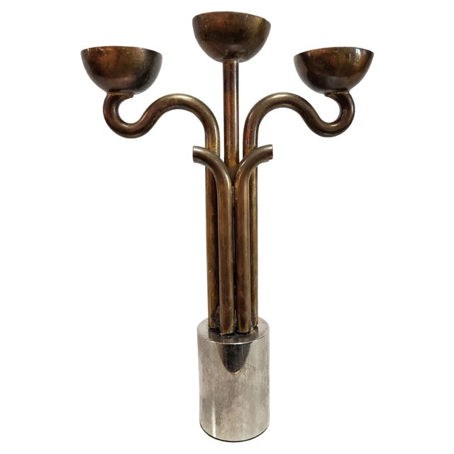 Brutalist Candleholder in Brass and Nickel, Italy, 1970s For Sale