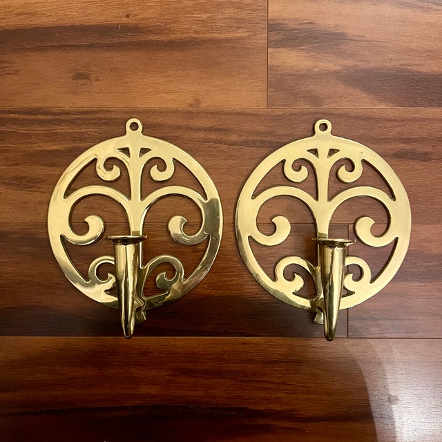Vintage Polished Brass “Tree of Life” Round Wall Sconces, Candlestick Sconces For Sale - Image 4 of 7
