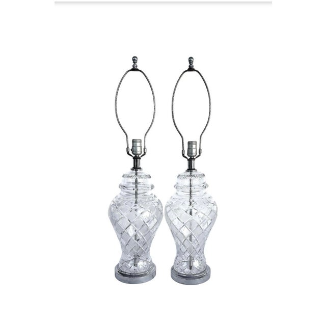 1960s Waterford Style Cut Crystal Table Lamps With Shades, Chrome Bases, Ireland Attributed - a Pair For Sale - Image 12 of 13