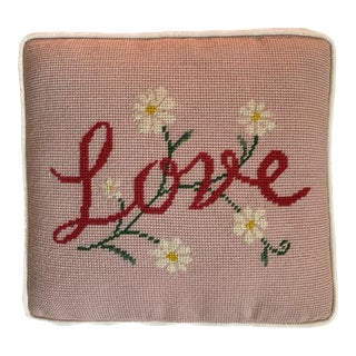 Pink and Green Needlepoint Love Pillow For Sale