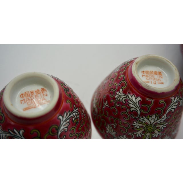 Ceramic Vintage 1980s Jingdezhen Rose Famille "Mun Shou" Longevity Porcelain Tea & Dining Set for Two - 7 Pieces For Sale - Image 7 of 12
