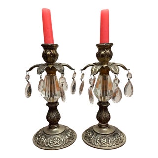 Vintage Brass & Crystal Prismatic Candlesticks – Pair of Hollywood Regency Candle Holders For Sale