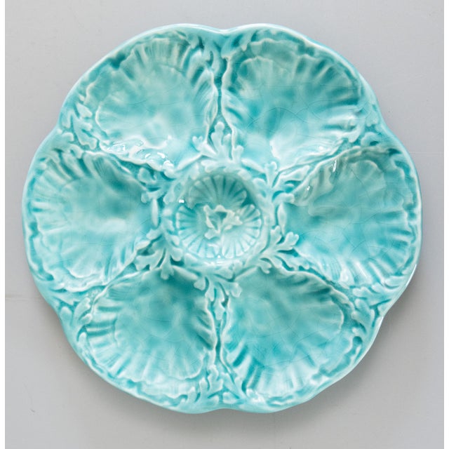 Turquoise Vintage French Gien Turquoise Majolica Oyster Plate For Sale - Image 8 of 8