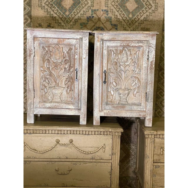 Pair Painted & Distressed Carved Cabinets with Shelf For Sale - Image 12 of 13