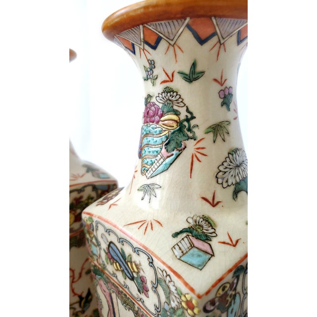 Pair Antique Rose Medallion Qing Style Chinese Vases For Sale - Image 9 of 12