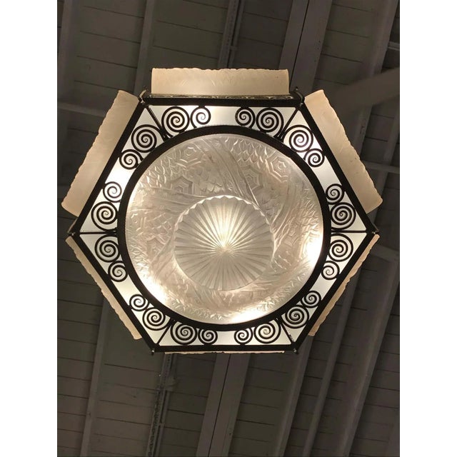 French Art Deco Hexagonal Chandelier by Schneider For Sale - Image 9 of 12
