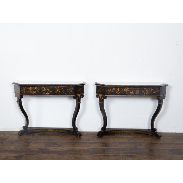 19th Century English Chinoiserie Black and Gold Console Tables with White Marble Tops, a Pair For Sale - Image 5 of 12
