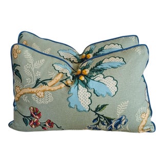 Brunschwig & Fils Fabriano Lumbar Pillows in Jade With Blue Cord For Sale