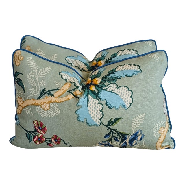 Brunschwig & Fils Fabriano Lumbar Pillows in Jade With Blue Cord For Sale