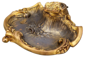 Antique French Gilt Pewter and Porcelain Inkwell by Chatelain, 1890s