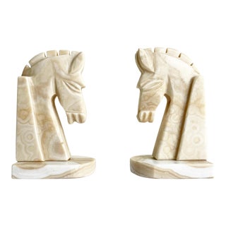 White and Brown Alabaster Horse Head Bookends - a Pair For Sale