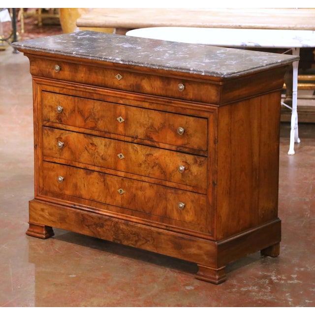 Mid 19th Century 19th Century French Louis Philippe Burled Mahogany Commode With Marble Top For Sale - Image 5 of 9