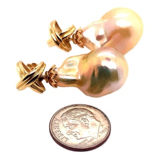 Freshwater Pearl Earrings 14 Karat Yellow Gold 25 mm Certified For Sale