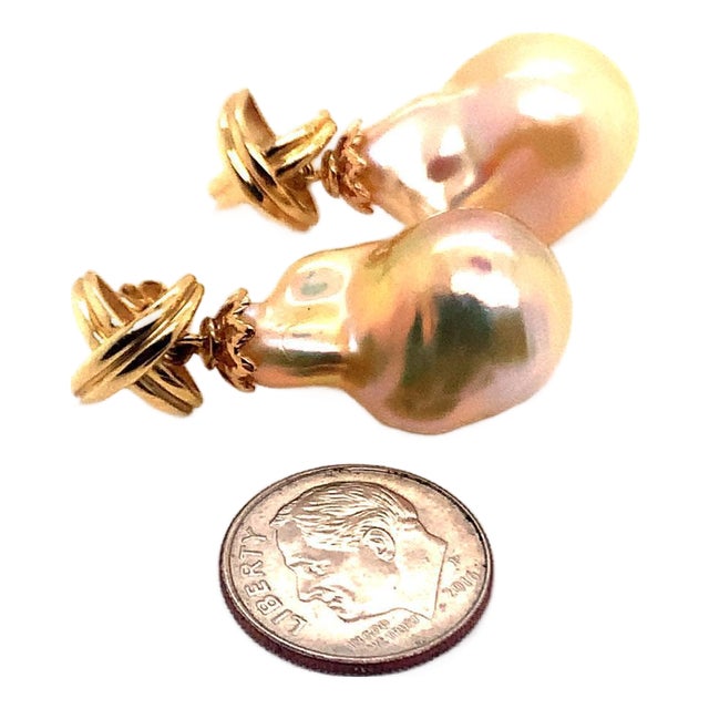 Freshwater Pearl Earrings 14 Karat Yellow Gold 25 mm Certified For Sale