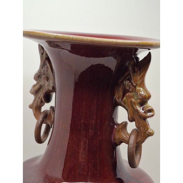 Oxblood Red Antique 19th C Chinese Sang De Boeuf Oxblood Flambe Hu Vase - Dragon Handles For Sale - Image 8 of 13
