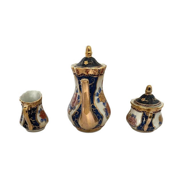 White Vintage Satsuma Moriage Blue & Gold Floral Tea Set. 15 Piece Set For Sale - Image 8 of 11