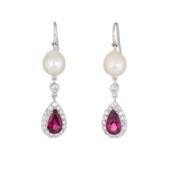 Pink Tourmaline Diamond Pearl Drop Earrings Estate 18k White Gold Dangle Jewellery - 2 Pieces For Sale - Image 4 of 4
