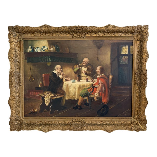 Antique Oil Painting Signed Holly European Tavern Interior Genre Scene, Framed For Sale