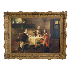 Antique Oil Painting Signed Holly European Tavern Interior Genre Scene, Framed