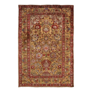 Antique Kashan Burgundy and Golden-Beige Silk Persian Rug For Sale