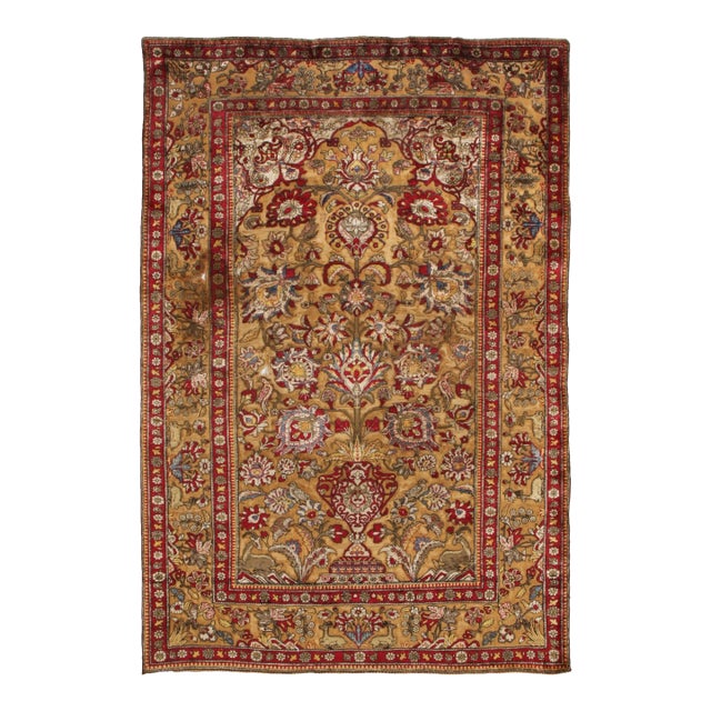 Antique Kashan Burgundy and Golden-Beige Silk Persian Rug For Sale