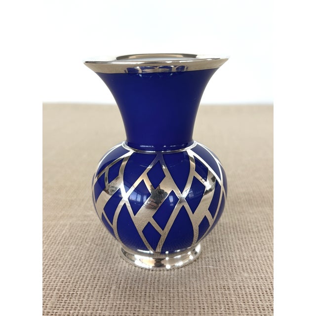 Vintage Art Deco Weimar Porcelain Cobalt Blue Silver Overlay Small Bottle Vase For Sale - Image 4 of 9