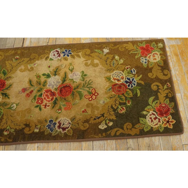Vintage American Hooked Floral Medallion Wool Brown Earth Tone 1950s Modern Rug For Sale - Image 4 of 12